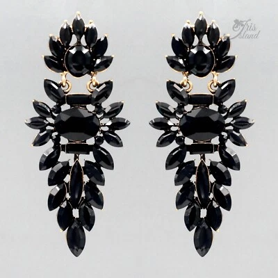 女士喷射黑色水晶水钻吊灯吊坠耳环古董黄金 20181 — 第 1/4 张图片