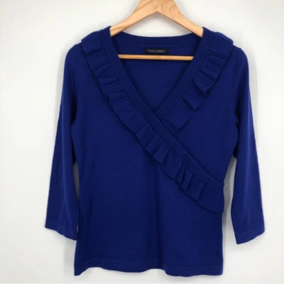 Suéter feminino Banana Republic lã merino pequeno azul royal com babado - Imagem 1 de 4