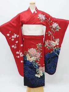 Vestido de Boda Furisode Kimono Talla XL Seda Vintage Rojo Japonés Floral Gratis - Imagen 1 de 11
