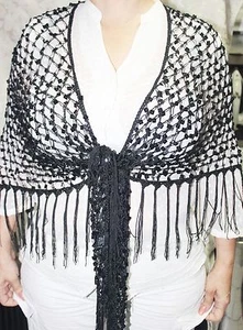 Black Crochet Poncho Style Shawl with Black Sequences - Picture 1 of 3
