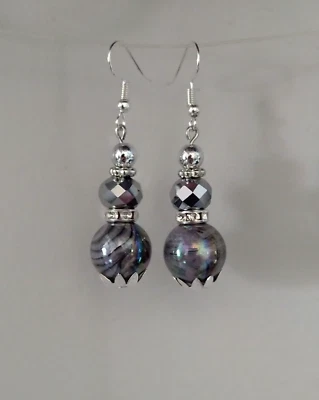 Marble Swirl Color Bead Faceted Crystal Dangle Earrings Rhinestone Silver Tone - Image 1 of 4