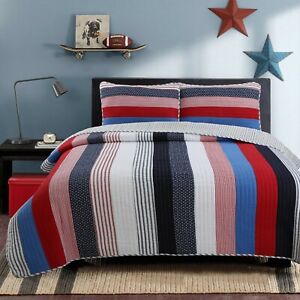 Netta Stripe Reversible Cotton Quilt Set, Bedspread, Coverlet