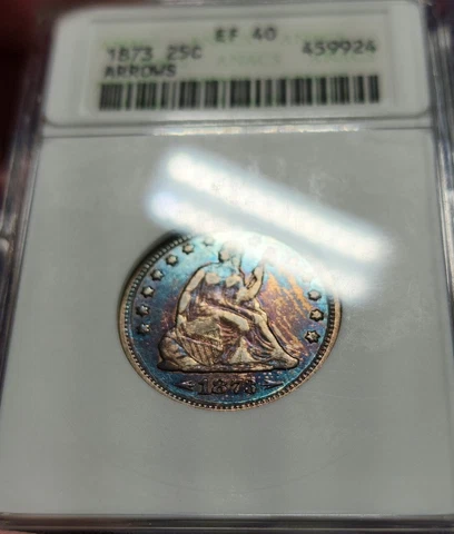 1873 Seated Liberty Quarter 25C Arrows ANACS EF40 OG Soapbox Bright Blue Toned Cover