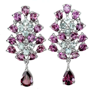 Orecchini In Argento Sterling 925 Con Gemme Di Rodolite E Acquamarina - Foto 1 di 9