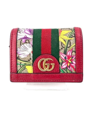 Auténtica billetera plegable GUCCI Off-Dia GG Flora de cuero de lona roja Foto 1 de 4