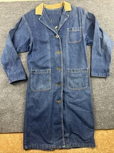 Vtg Lee Denim Jean Long Coat Barn Duster Corduroy Collar Trench Wm's M oversize - Picture 1 of 9