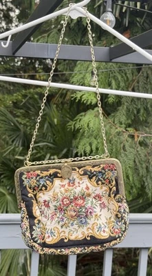 Vintage Tapestry Purse Metal Frame Chain Handle Snap Clamp Closure Handbag - Image 1 of 4