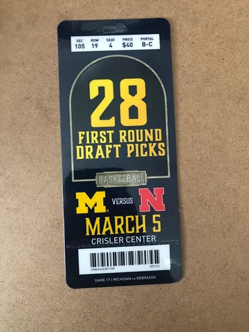 2020 Michigan Wolverines vs Nebraska Basketball Plastic Ticket Stub Cover