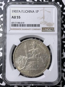 1907-A French Indo-China 1 Piastre NGC AU55 Lot#G9479 Large Silver! - Picture 1 of 3
