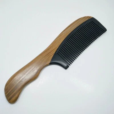 Peine de pelo de madera natural de 7,5"" peine para barba cuerno de búfalo buey negro mango de sándalo Foto 1 de 4