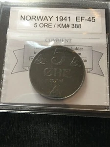 1941 Norway 5 Ore, Coin Mart Graded**EF-45** KM# 388 - Picture 1 of 8
