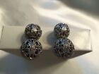 AWESOME Vintage VICTORIAN Style Double-Bead Silvertone CLIP Earrings 15CE70