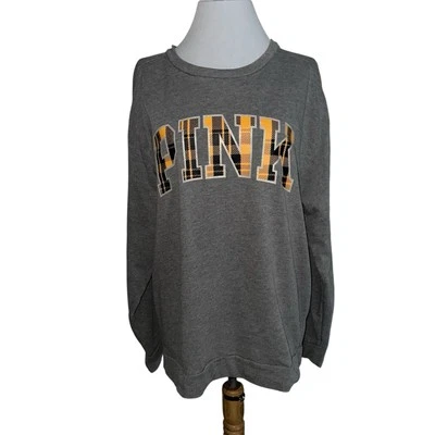 PINK Victoria’s Secret SZ L Gray Sweatshirt with Orange/Black Plaid Logo — 第 1/4 张图片