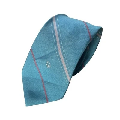 VINTAGE Dior Slim Neck Tie USA Made Logo Silk Blend Striped Teal Green Men - Image 1 of 4