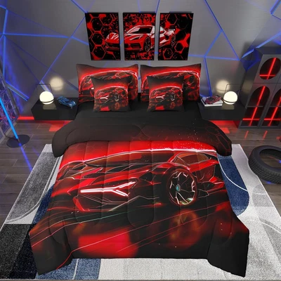 Juego de edredón de coche deportivo rojo tamaño queen para coche de carreras de 7 piezas para niños con Foto 1 de 4