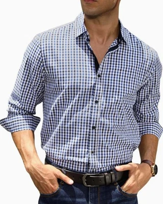 Camisa de vestir para hombre 2XL azul/negro/blanco con botones - ajuste regular, manga larga Foto 1 de 4