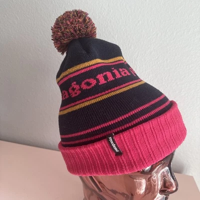 Gorro Patagonia Powder Town negro/rosa/amarillo mostaza vintage tejido a rayas logotipo Foto 1 de 4