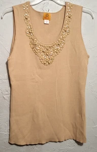 Ruby Red Jeweled Neck Sleeveless top Womens'3XL Super Stretchy Pullover Tan - Picture 1 of 6