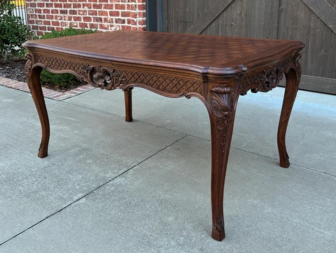Antique French Table Dining Breakfast Table Desk Draw Leaf Carved Oak Parquet Cover