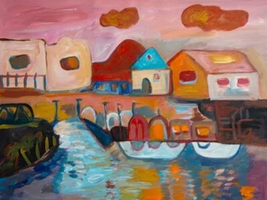 "Original Kunstgemälde auf Stadtbild gestreckte Leinwand 28"" x 22"" - Bild 1 von 5