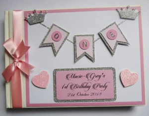 Personalised Princess / Crowns / birthday guest book, pink and gold album, gift - Picture 1 of 7