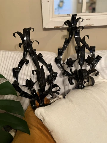 Italian Italy Vintage Tole Painted Wrought Iron Wall Candle Sconces Set Pair 2 Cover