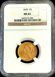 1899 GOLD USA $5 LIBERTY HALF EAGLE COIN NGC MINT STATE 65 - Picture 1 of 2