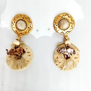 Vtg Signed Robert Rose Boho Elephant Charm Stone Button Clip On Dangle Earrings - Picture 1 of 6