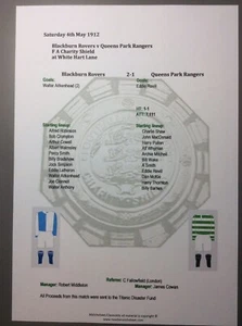 1911-12 Blackburn Rovers v Queens Park Rangers Charity Shield Hoja - Imagen 1 de 1