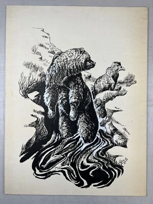 Osos Rusty Phelps de colección pesca en tinta de arroyo a bordo dibujo firmado 1971 Foto 1 de 4