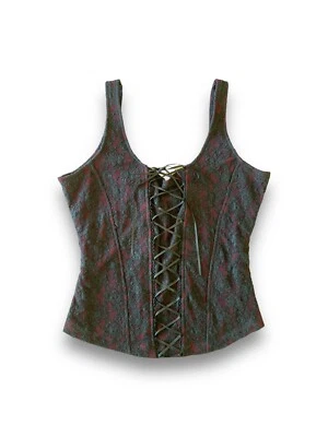 Vintage Y2K Bhs Limited Lace Up Lace Cami Top Size 8 Bust 32 Black Red Goth Vamp - Image 1 of 4