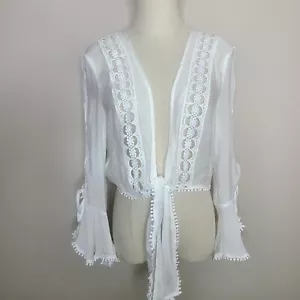 ELAN Kala Tie Front Cut Out Embellished Boho Flutter Sleeve Crop Top Sz M - Picture 1 of 8