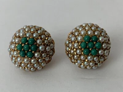 Vintage 14k Yellow Gold Dome Shape Earrings Pearl Turquoise Omega Back - Image 1 of 4