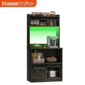 5 Tier Rustic Kitchen Cabinet With Power Outlets LED Bakers Rack Microwave Stand - Picture 1 of 10