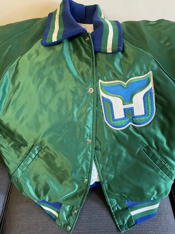 Vtg 80s Rare NHL Hartford Whalers Green Starter Satin Bomber Jacket. Mens Large Cover