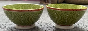 Pier 1 Imports Set Of 2 BATIK Green White Orange Leaf Pattern  Soup/Cereal Bowls - Picture 1 of 3