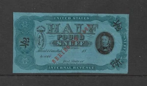 US Revenues: Taxpaid Snuff Stamp Springer #TE236C; ½ lb 1898 Prov. (Blue); Used - Picture 1 of 2