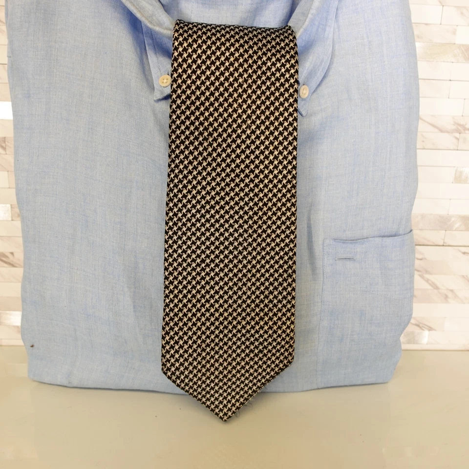 Hombres Pata de gallo Cuello Corbata Negro Cuadros Tejido Seda Vestido Traje Ancho ZERBINOTTO Japón Foto 1 de 4