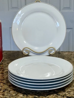 Target “Holiday 09” White Gold Rim Dinner Plates Porcelain Set 6 Unused 10-5/8 - Image 1 of 4