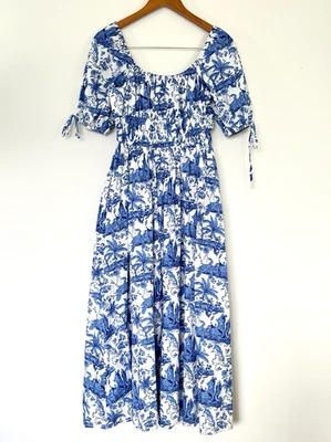 AQUA Womens Palm Toile Midi Dress Size S Blue/White Cotton Romantic Cottagecore - Image 1 of 4