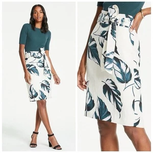 Ann Taylor Ivory Teal Leaves Linen Blend Tie Waist Pencil Skirt Size 8 Petite - Picture 1 of 13