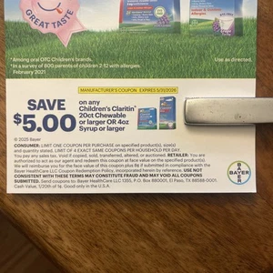 $5.00 Coupon Any Children’s Claritin 20ct Chewable / 4oz Syrup Or Lrgr 5/26 Exp - Picture 1 of 3