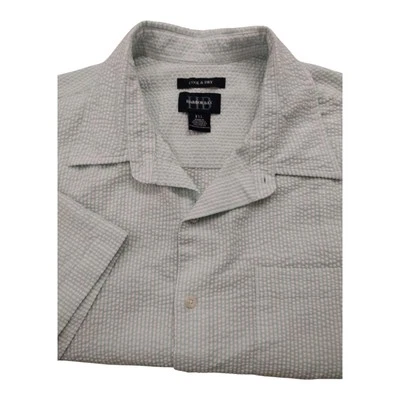 Men's Harbor Bay Seersucker Green White Stripe Button Up Short Sleeve Shirt XL - Image 1 of 4