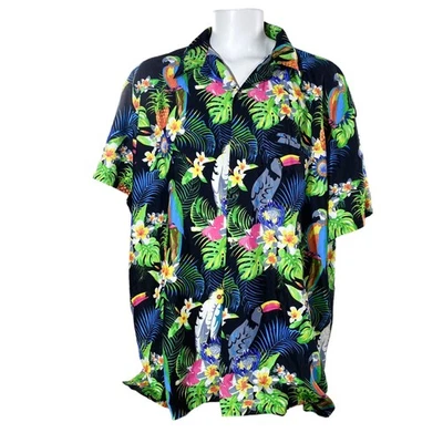 Camicia Hawaiian King Kameha 4XL Uccelli Tropicali Ananas Fiori Neri - Immagine 1 di 4