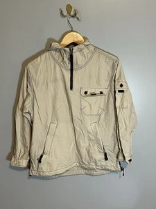 Vintage GAP kids L Khaki Beige Cargo Cotton Blue Stitch 1/4 Zip Hooded Jacket 90 - Picture 1 of 10