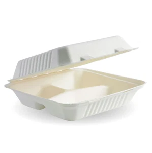 200 BioPak 3-Compartment Sugarcane White Clamshell Box 9x9x3" - Imagen 1 de 2