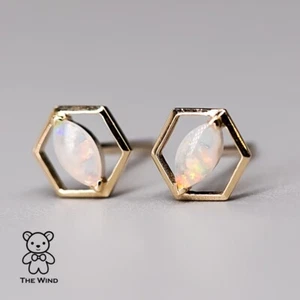 Geometric Hexagon Australian Solid Opal Stud Earrings 14K Yellow Gold - Picture 1 of 13