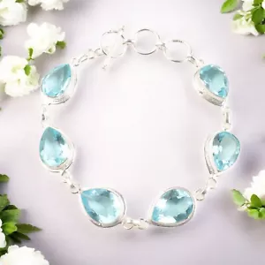 Natural Sky Blue Topaz Gemstone 925 Sterling Silver Handmade Jewelry Bracelet 8" - Picture 1 of 4