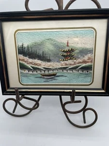 Oriental Framed Scene Fully Embroidered 4 x 5" Oriental Scene Framed Vintage - Picture 1 of 4