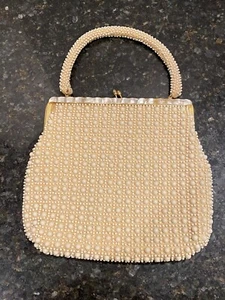 1960s Ivory Beaded Purse / 60s Lucite? Pearlescent Top Handle Handbag Hong Kong - Picture 1 of 11